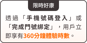 限時好康：透過手機號碼登入或完成門號綁定，可享有 360 分鐘體驗時數